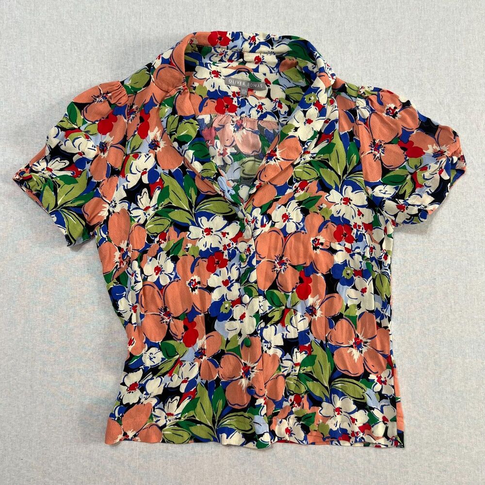 Oliver Bonas colorful floral vintage style button up blouse UK 6 US 2
